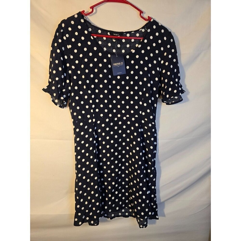 NWT Forever 21 Navy Polka Dot Dress Boho Hippie Office Retro Women’s‎ Large